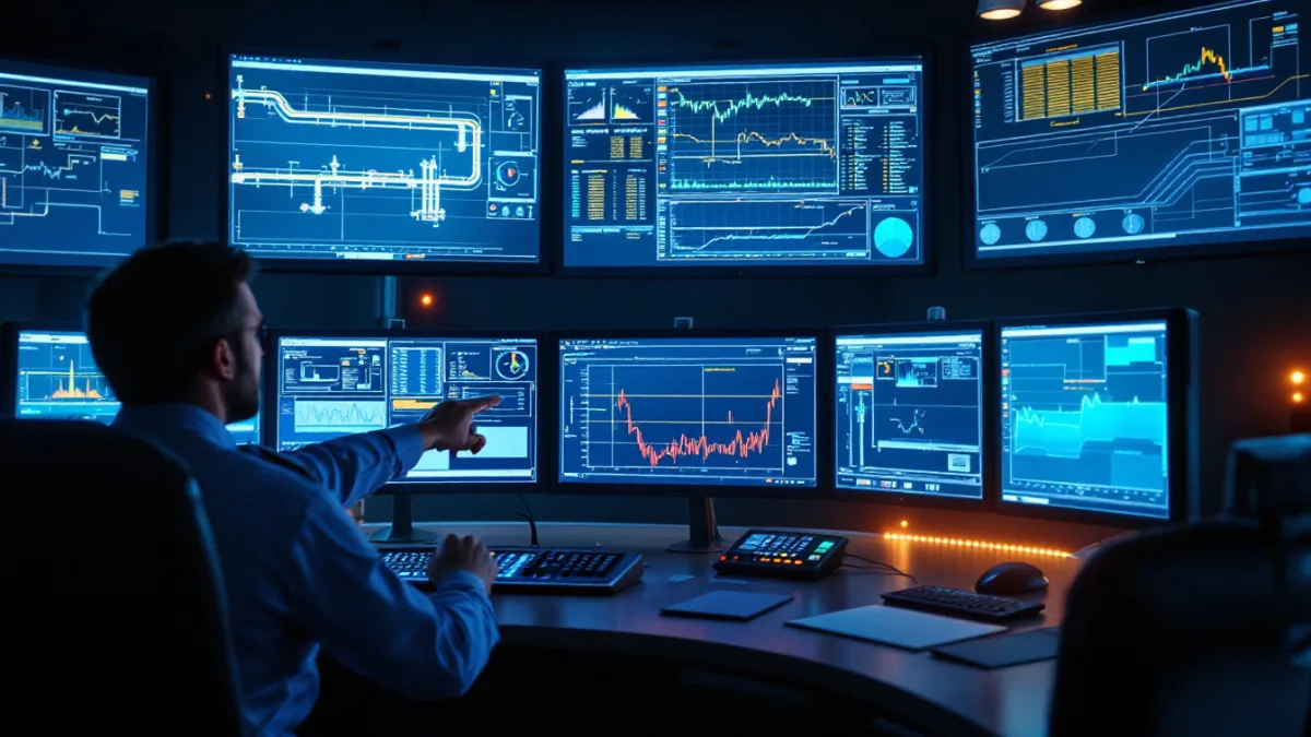 Pipeline control room operator pointing at SCADA trend screens that could be altered in an OT attack