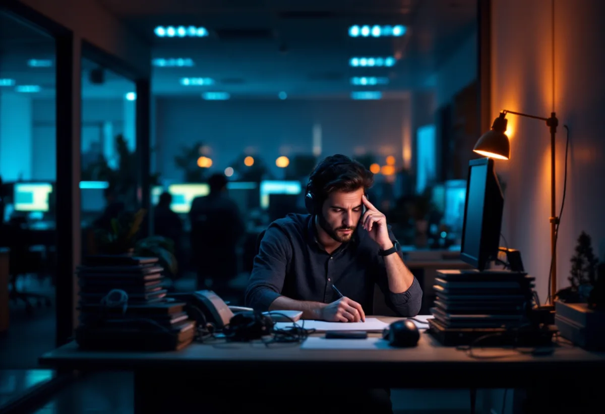 An overloaded in-house IT generalist working alone at a cluttered desk late at night in a mostly empty office
