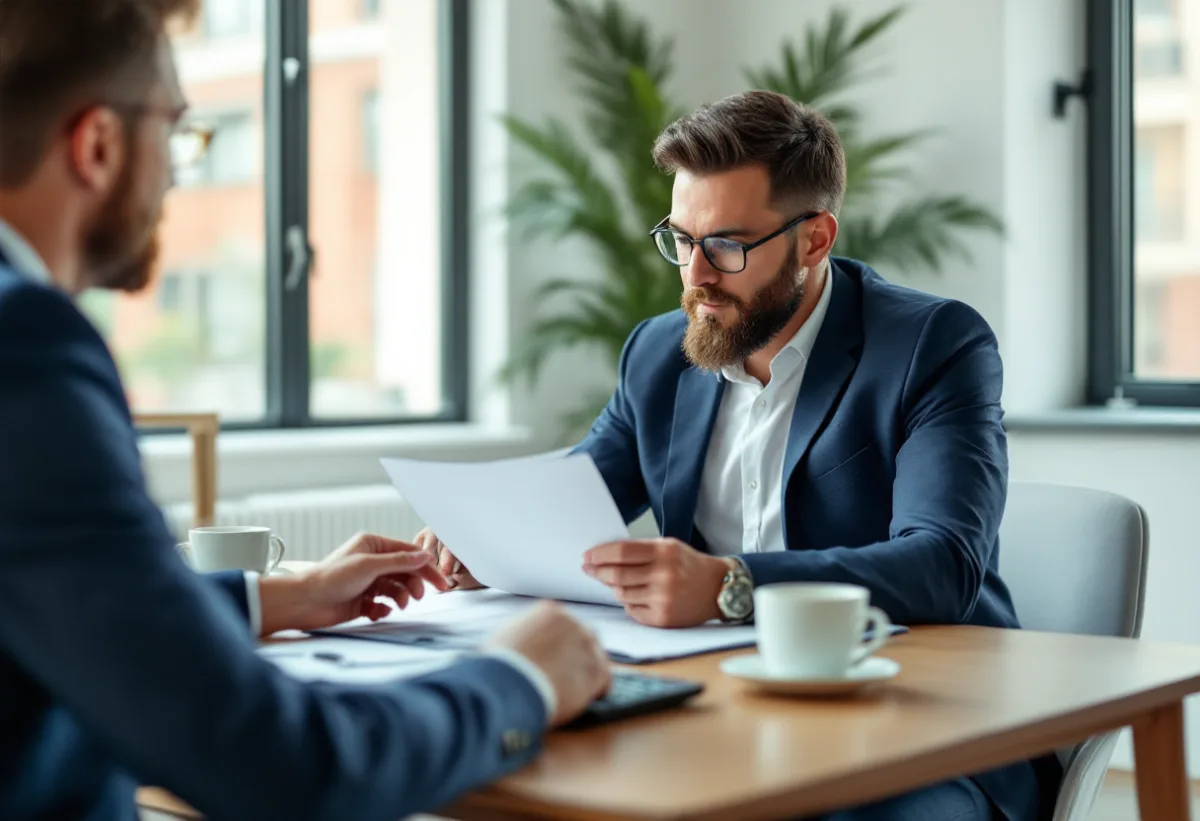 A business owner reviewing IT cost documents with a colleague at a conference table with a calculator and coffee