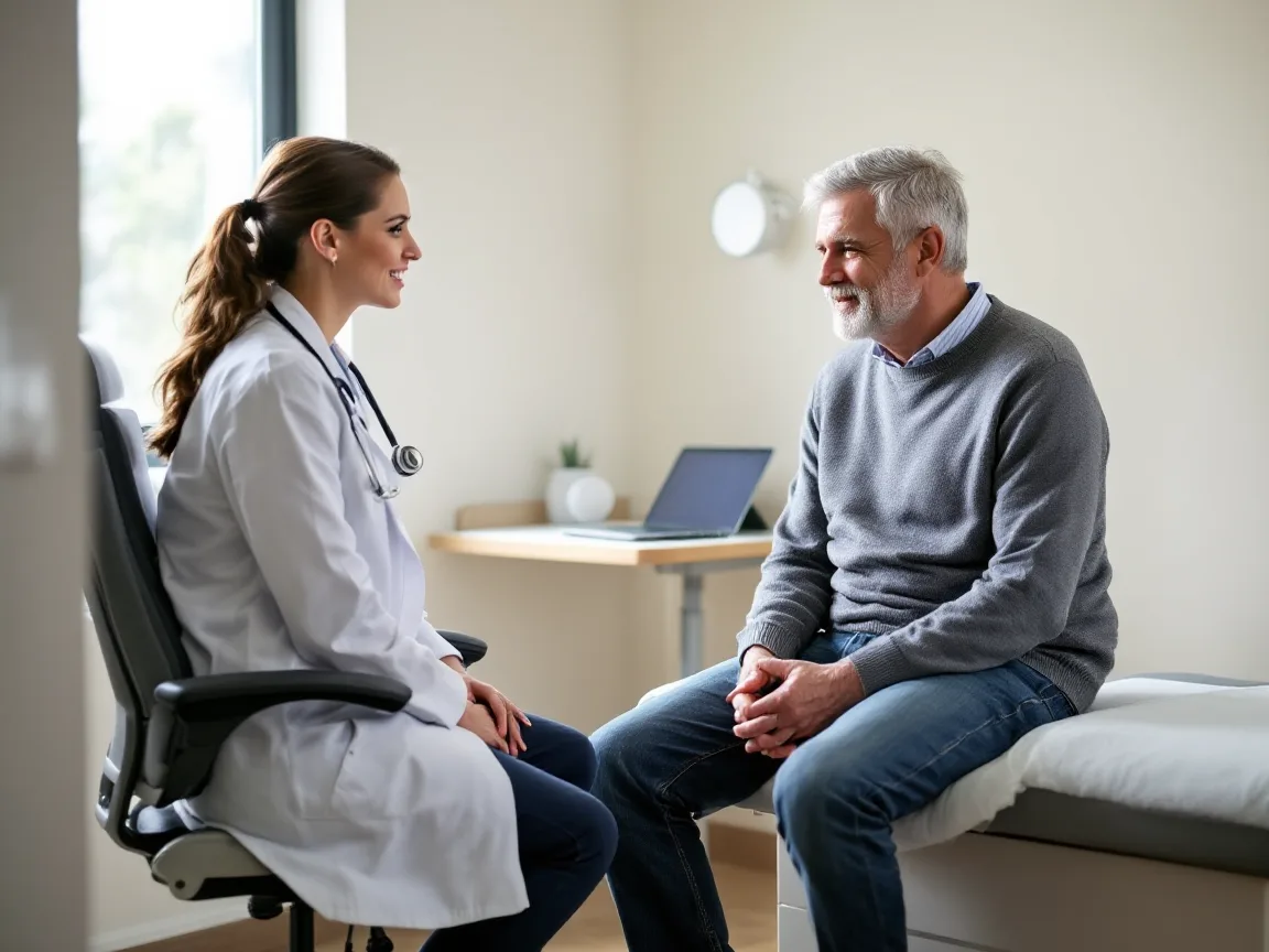 Physician in a white coat talking with a patient seated on the exam table, with a laptop open on the desk behind them