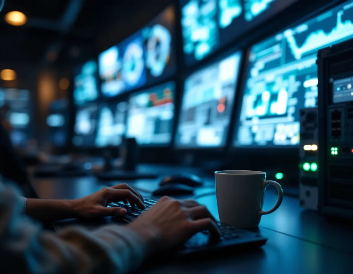 Pipeline control room operator typing at a console, with blurred monitoring screens behind and a network rack beside the desk