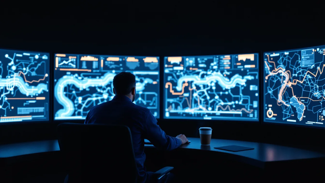 Pipeline control room operator seen from behind at a curved desk, watching a wall of monitors that show pipeline network diagrams and trend lines during a night shift