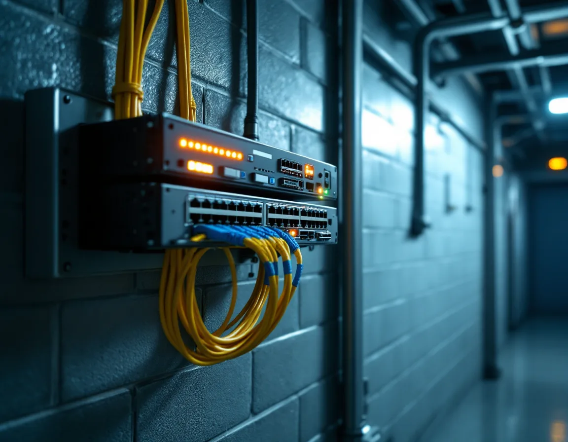 Wall-mounted firewall and network switch with yellow and blue patch cables and glowing link lights in a plant electrical room
