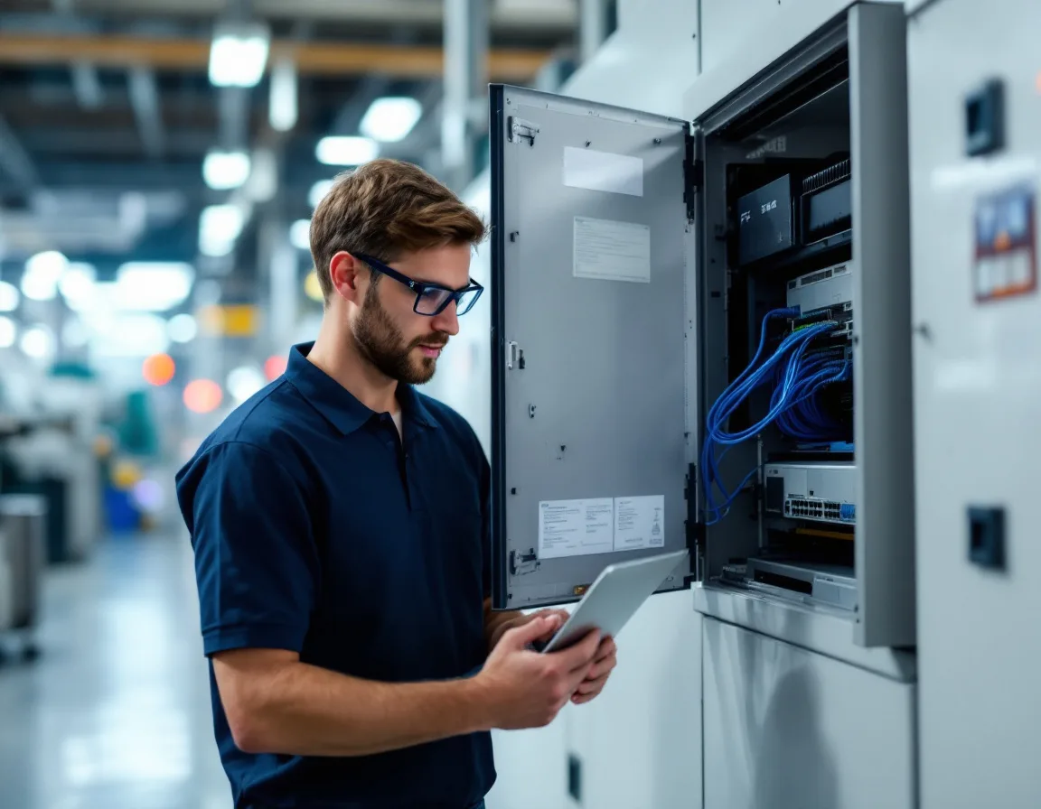 IT technician with a tablet checking an open network cabinet on a manufacturing plant floor