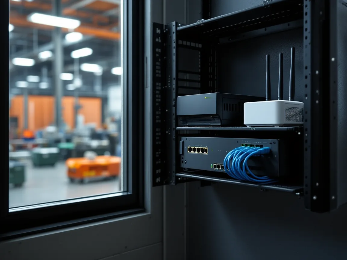 A small network rack inside a manufacturing plant holding a firewall, a switch with blue patch cables, and a white cellular backup router with antennas, the shop floor visible through a window