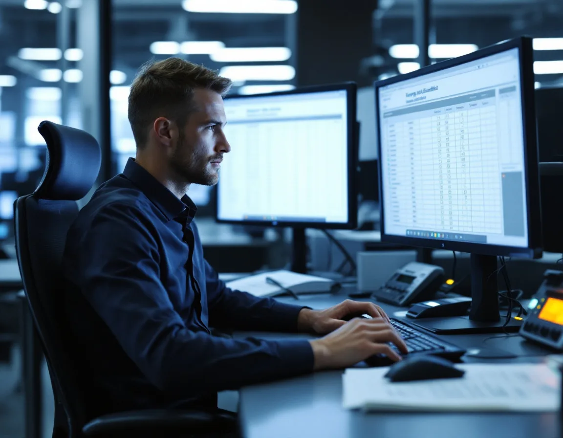 Procurement analyst at a prime contractor reviewing a supplier qualification checklist on two monitors with a printed supplier file open alongside