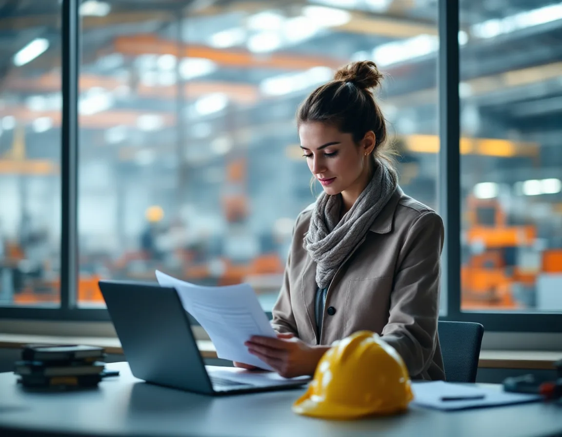 Production planner reviewing a printed work order beside a laptop and a yellow hard hat in a plant office overlooking the factory floor