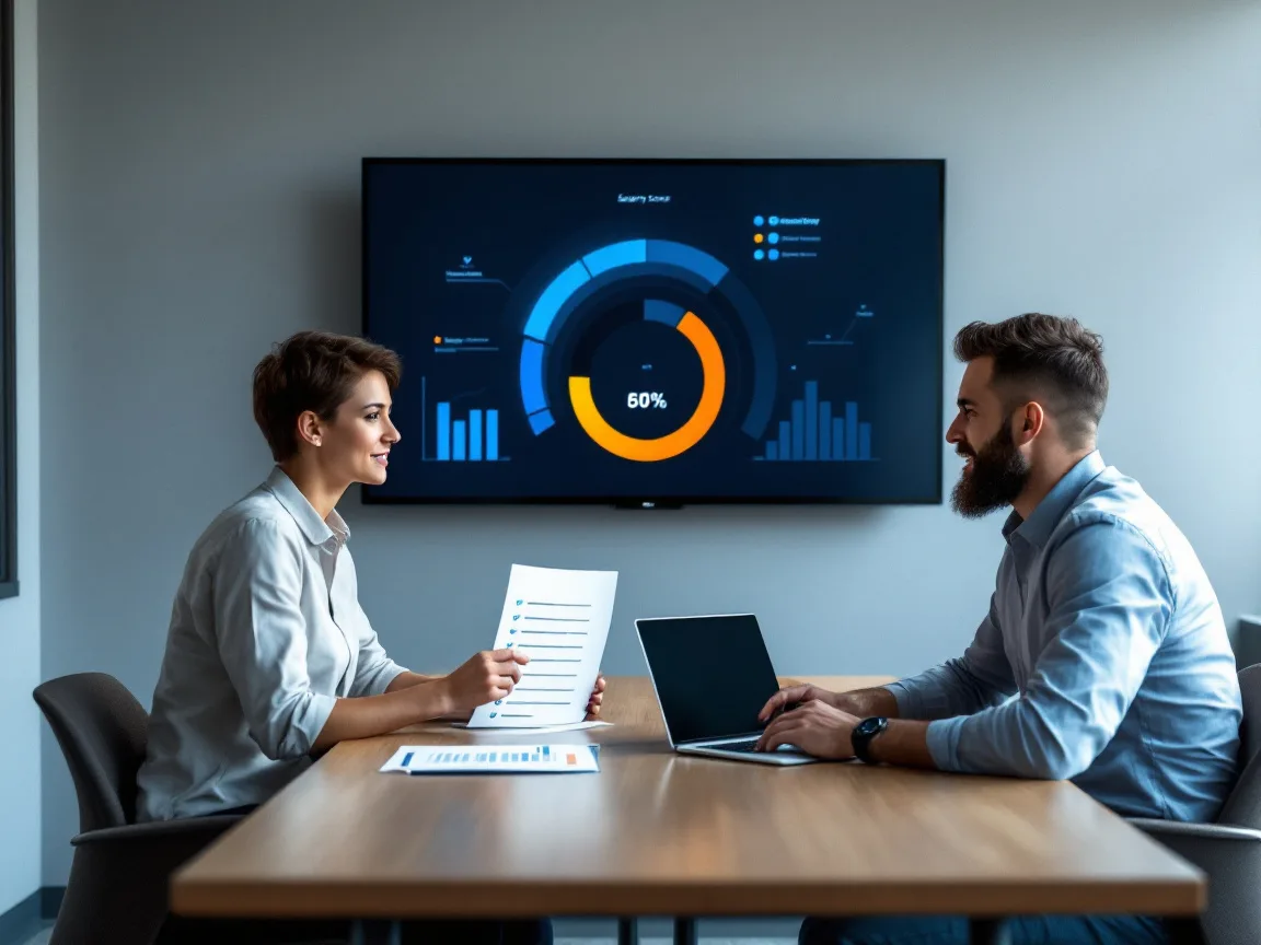 Operations manager and IT account manager reviewing a quarterly security report in a Houston conference room