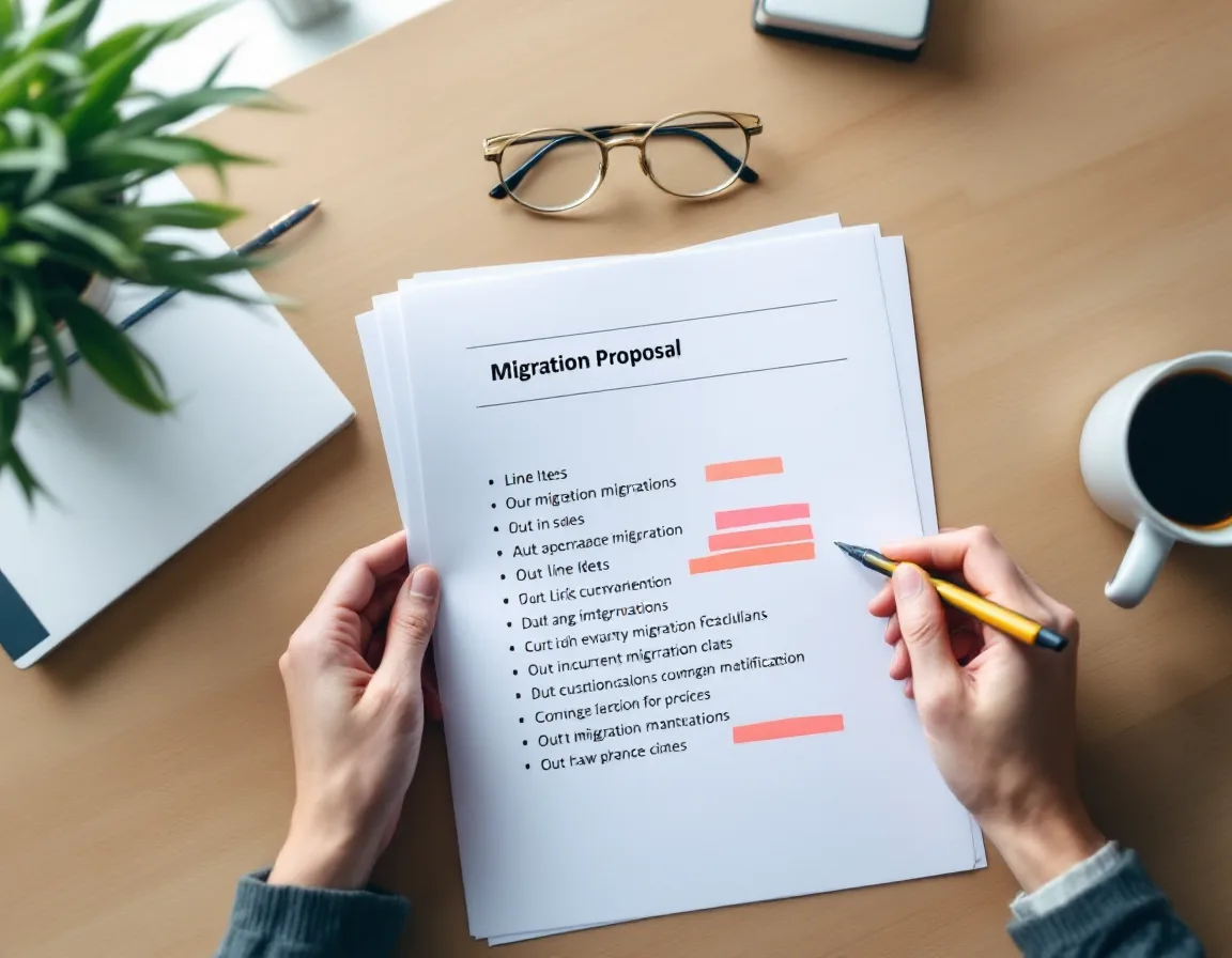 Printed cloud migration proposal on a desk with line items marked in orange highlighter and a pen resting on the page
