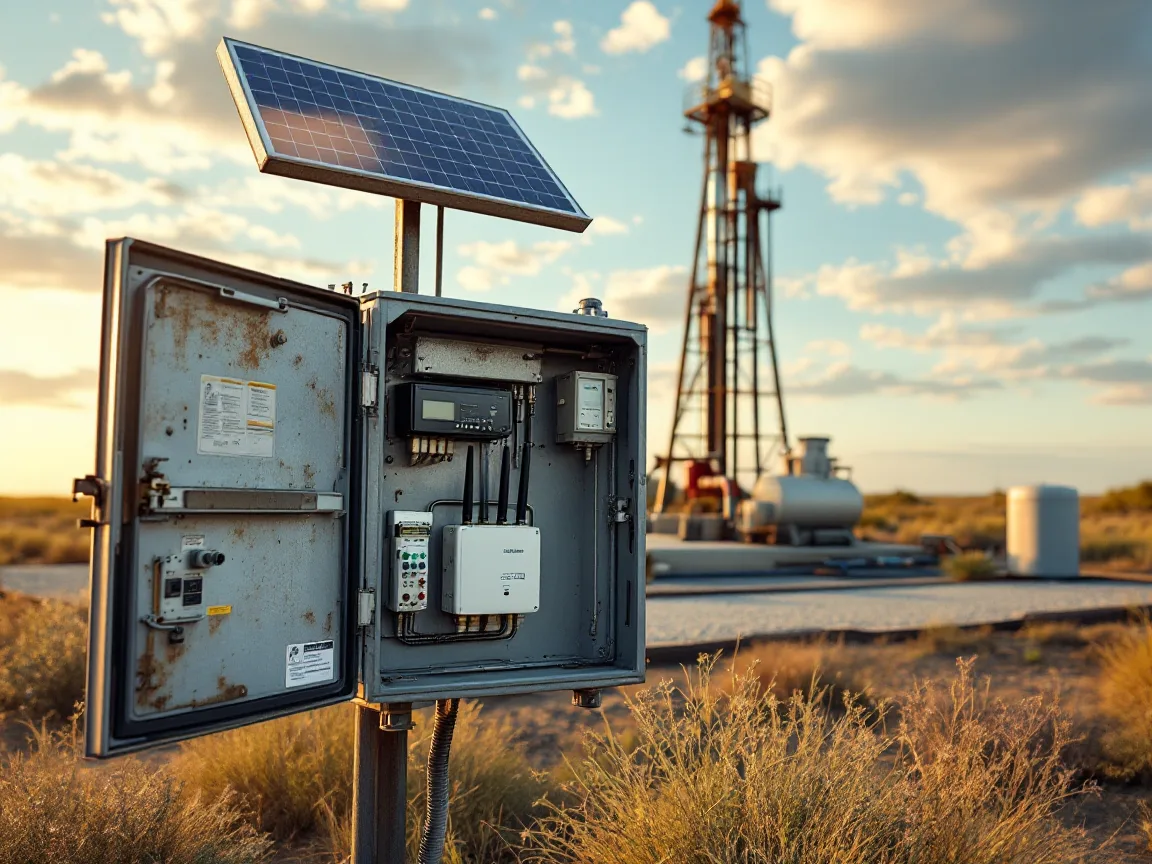 Open pole-mounted equipment cabinet at a remote Texas wellsite holding a field controller and a cellular router with antennas, powered by a solar panel, with a rig and tanks behind it