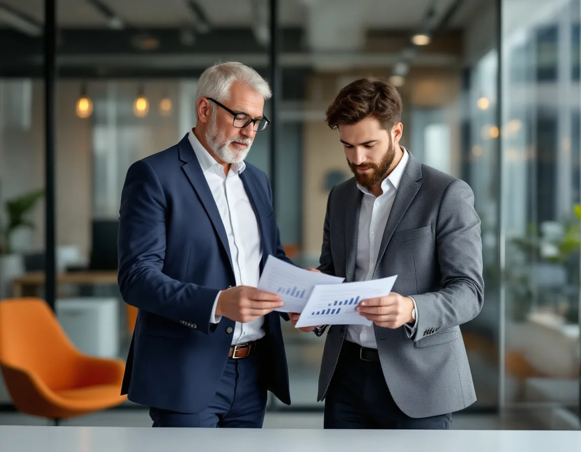 Two business leaders standing in a modern Houston office reviewing printed bar charts of IT support cost figures held between them