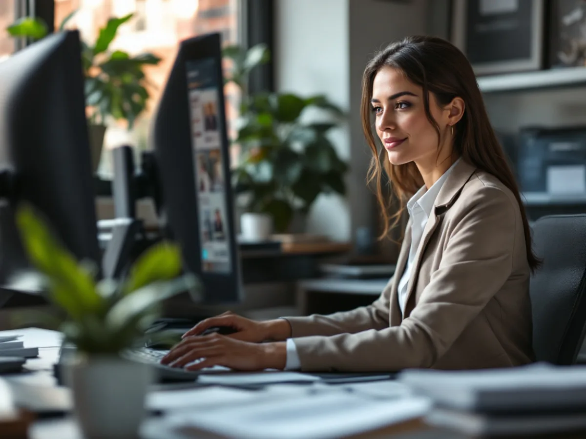 Paralegal working at a dual monitor desk in a small San Antonio law firm office