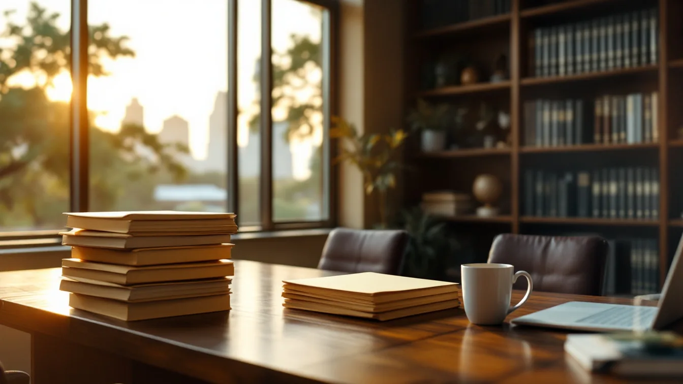 Small San Antonio law office conference room at sunset with stacked case folders, a laptop and a coffee mug