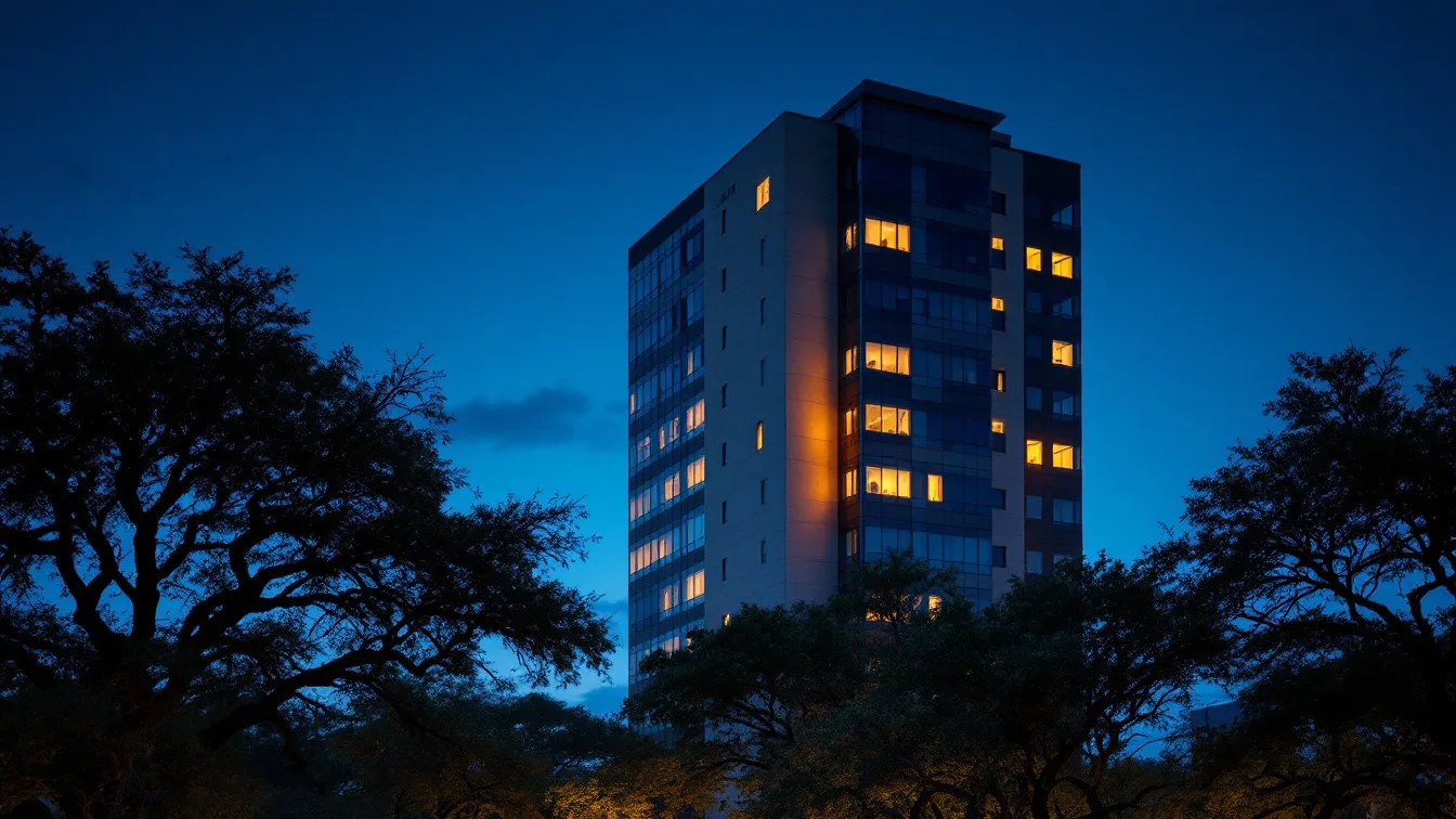 San Antonio office building at dusk framed by live oaks, a few windows still lit after hours