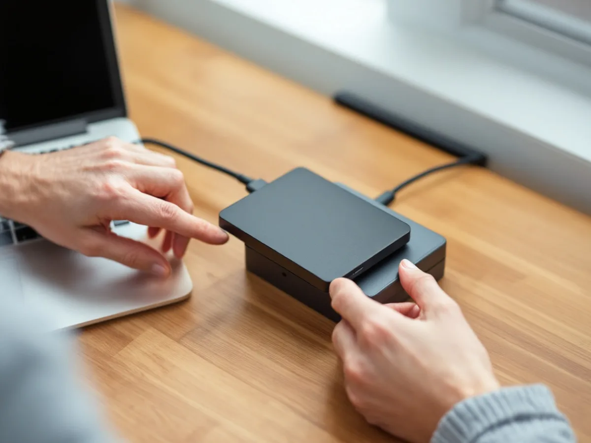 Office worker disconnecting an external backup drive from a laptop to keep an offline copy of business data