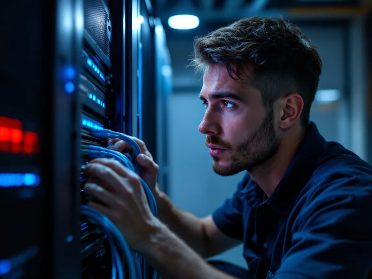 IT technician unplugging network cables from a server rack during an early morning ransomware response