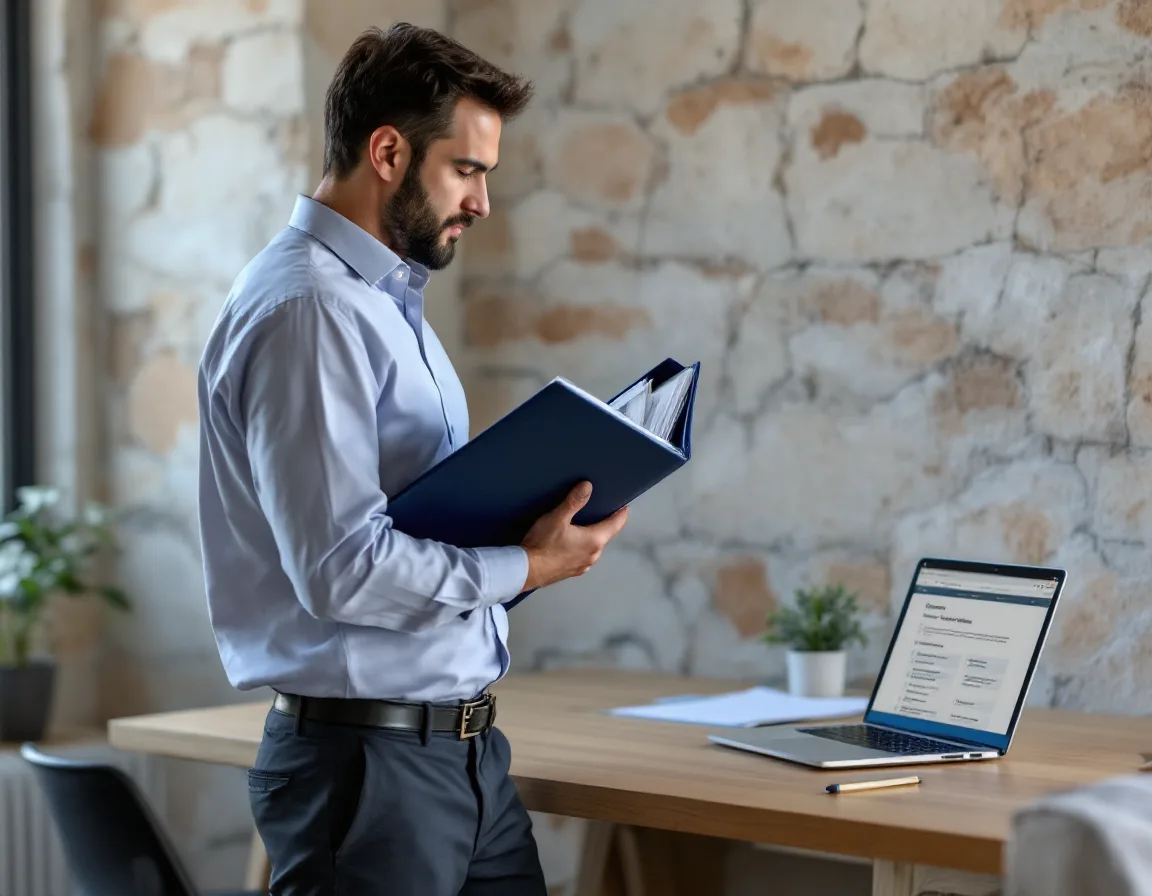 IT manager in an office with a limestone wall reviewing a navy binder of cybersecurity policies beside a laptop showing a controls checklist
