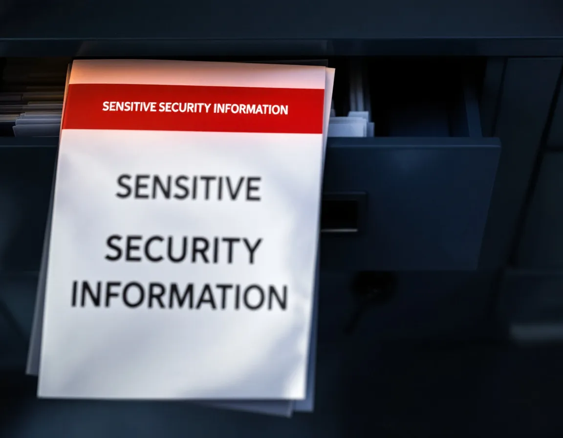 Printed document marked Sensitive Security Information resting on a locked steel filing cabinet in a secure records room