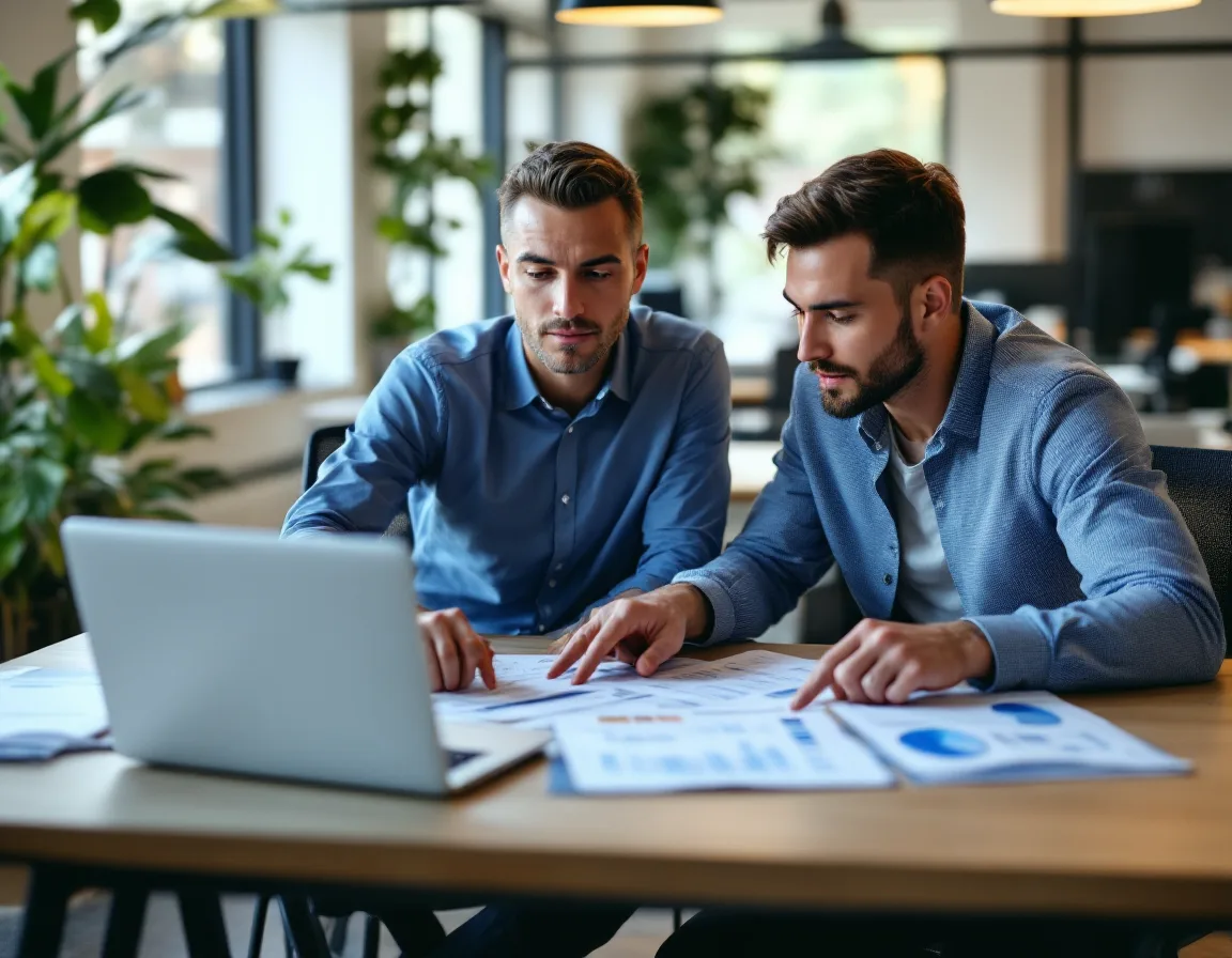 Two IT professionals auditing software inventory and expense reports side by side to find unapproved AI subscriptions during a shadow AI discovery pass