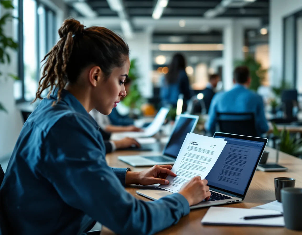 Employees in an open plan Houston office, one copying text from a printed contract into a laptop, illustrating what staff paste into AI tools