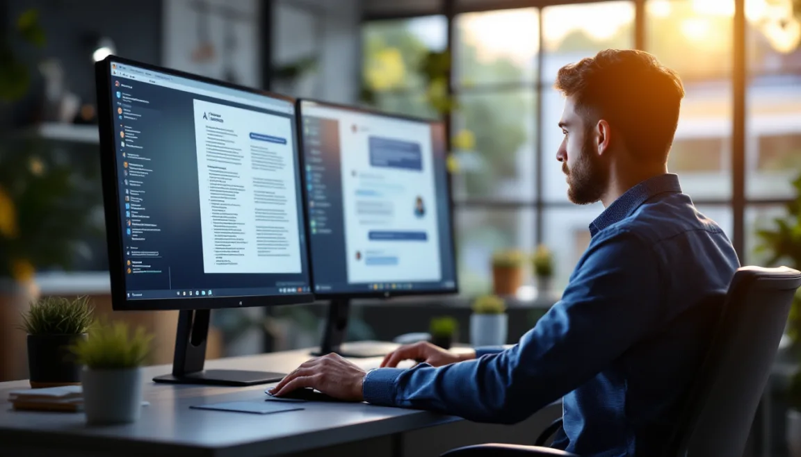 Texas office employee working with a confidential business document open beside an AI chat assistant window, the everyday shadow AI risk for a small business