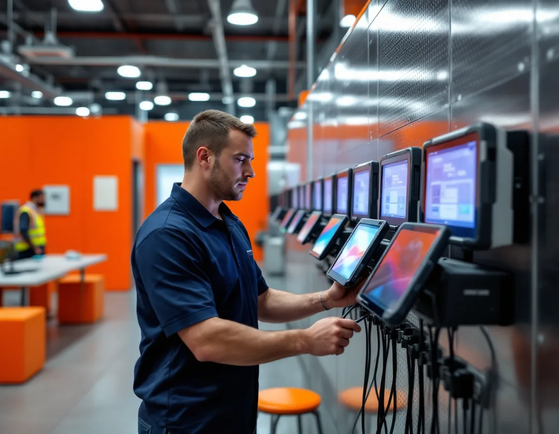 IT technician setting up rugged shared tablets in wall-mounted charging docks for frontline shift workers