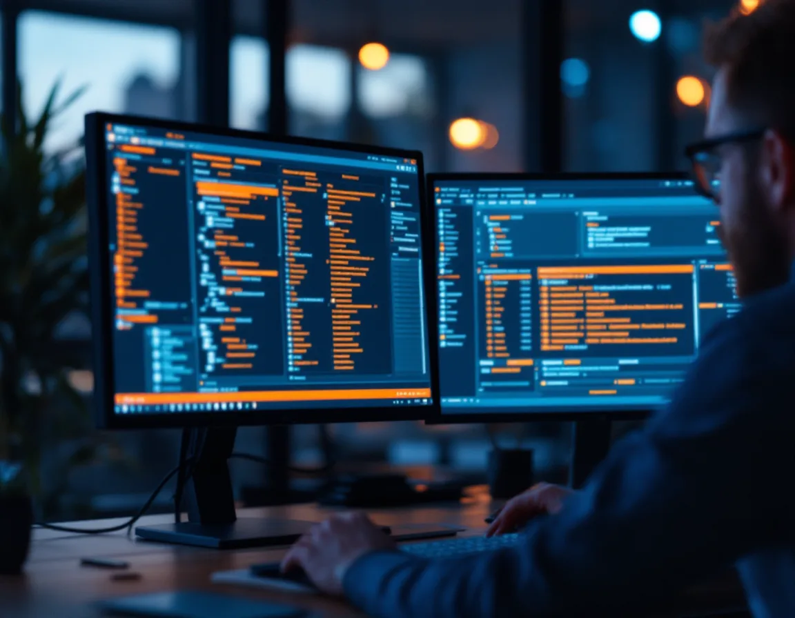 IT consultant reviewing a SharePoint and OneDrive file permissions audit on dual monitors before a Copilot rollout