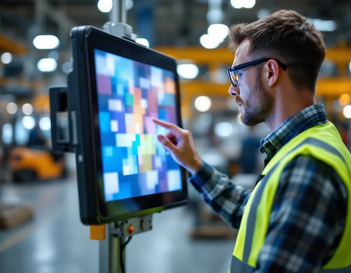 Shift supervisor in safety glasses and a hi-vis vest signing in at a shared touchscreen terminal mounted on a post on a factory floor