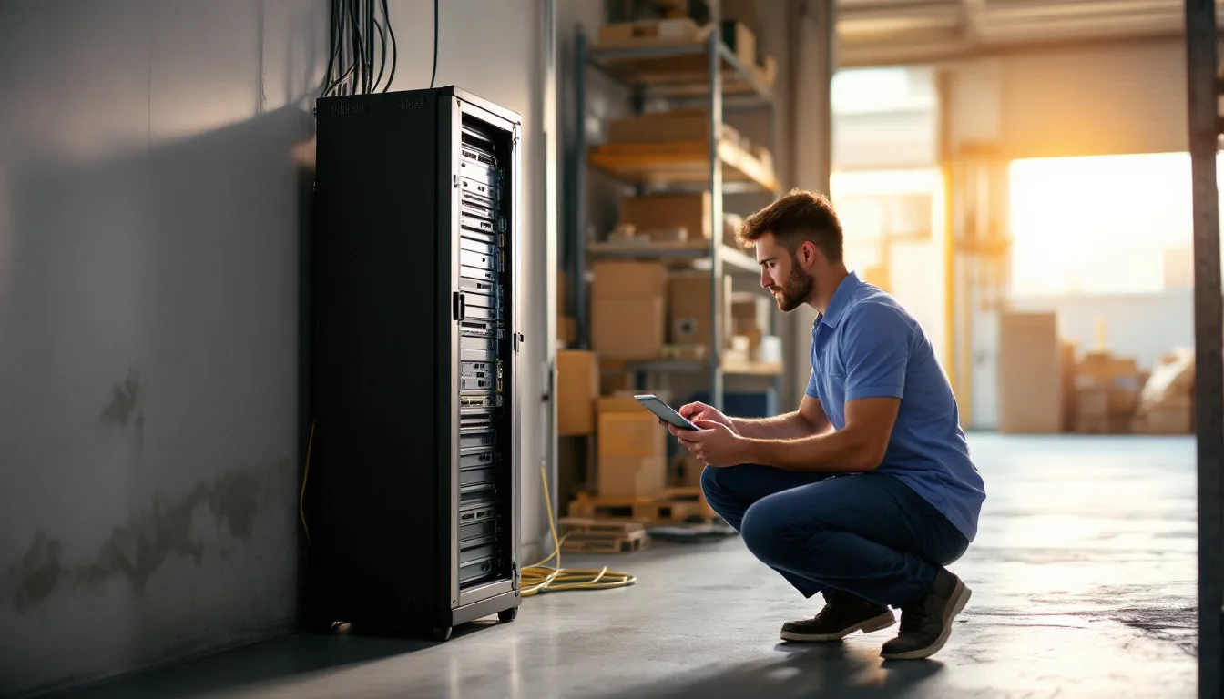 Field technician checking a network rack at a business on the San Antonio I-35 corridor