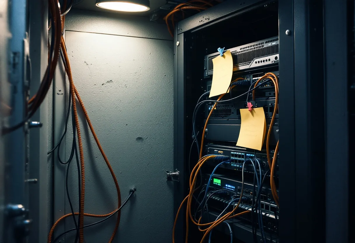 Cramped small office network closet with a firewall, switch, tangled patch cables and sticky notes on the rack door where admin access often goes undocumented