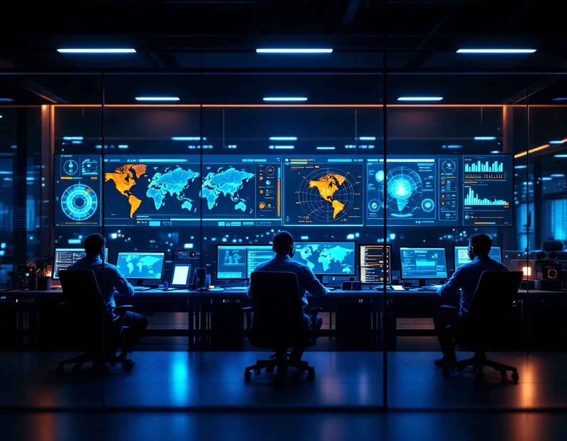 Three engineers staffing a network operations center overnight in front of a wall of monitoring dashboards