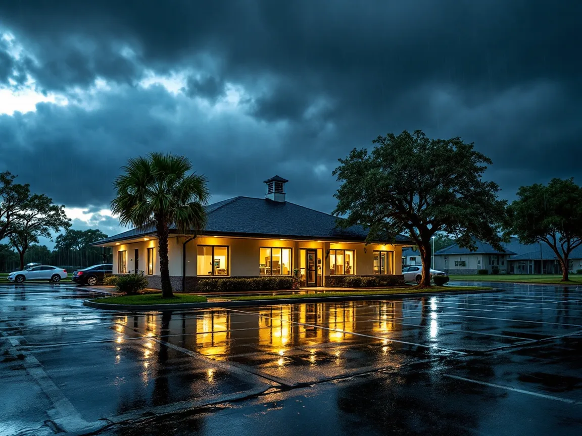 Single-story suburban medical office building with its lights on during a heavy Gulf Coast storm, rainwater pooling across the parking lot
