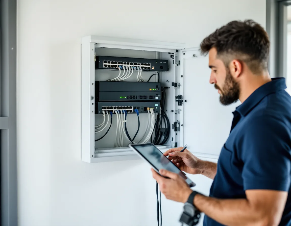 IT technician checking a tablet beside a tidy wall-mounted network cabinet in a suburban office utility room