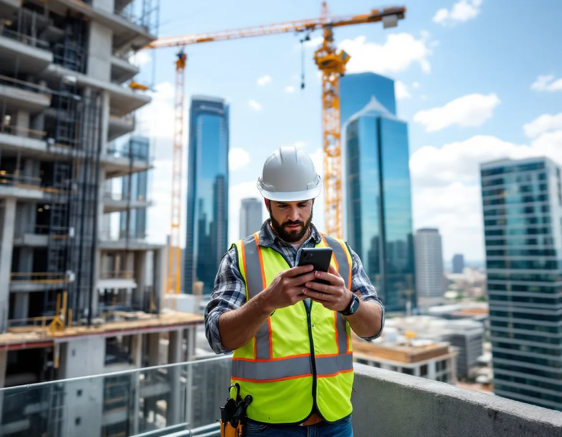 Superintendent on a concrete deck checking a sign-in request on his phone beside a tower crane with Houston office towers behind him