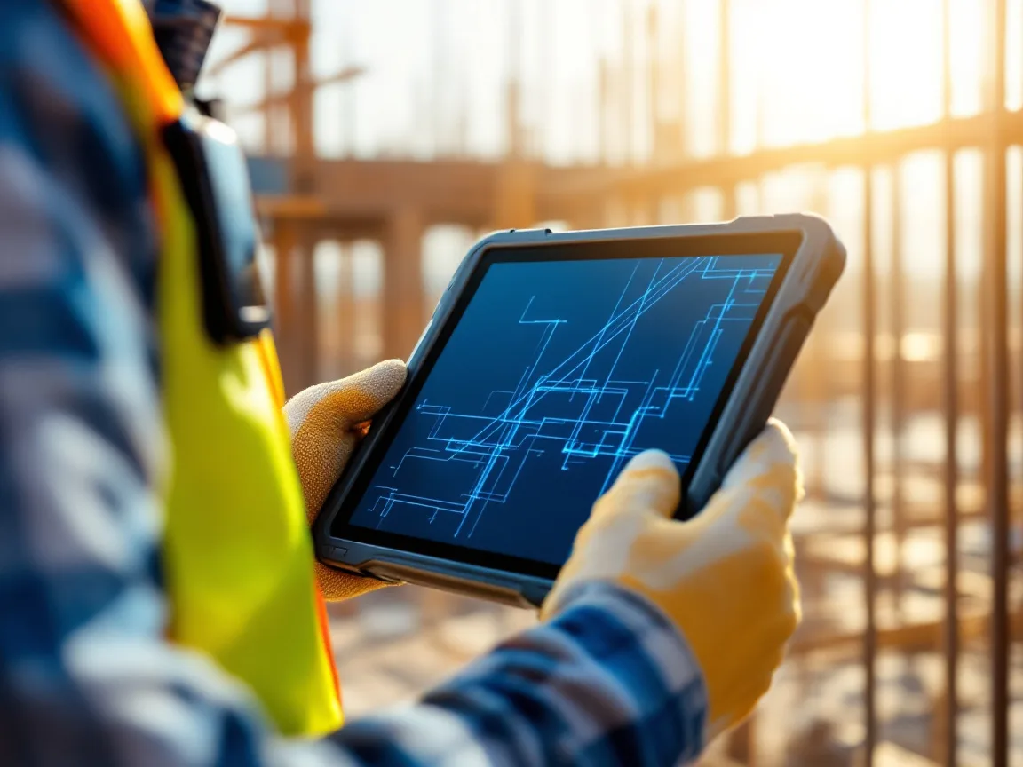 Gloved hands holding a rugged tablet with construction drawing linework on screen at a sunny jobsite with rebar and formwork behind