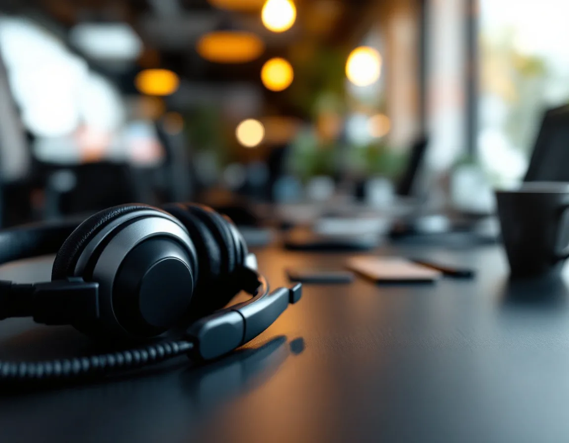 Professional support headset resting on an empty dark desk in an open-plan office with warm overhead lighting blurred in the background