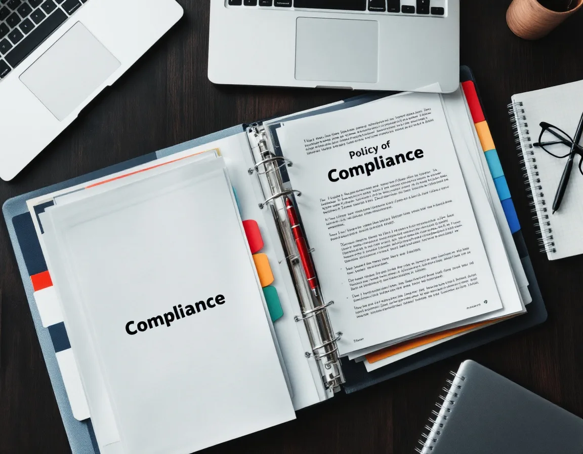 Overhead view of an open tabbed compliance binder, marked up policy pages and a red pen on a conference table beside a closed laptop