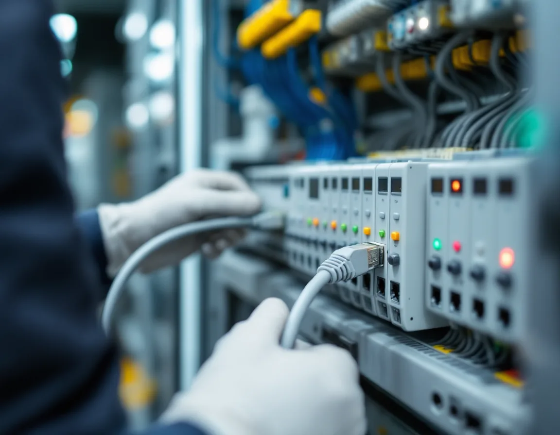 Technician in white gloves plugging an Ethernet cable into a row of PLC modules with status lights inside an industrial control cabinet