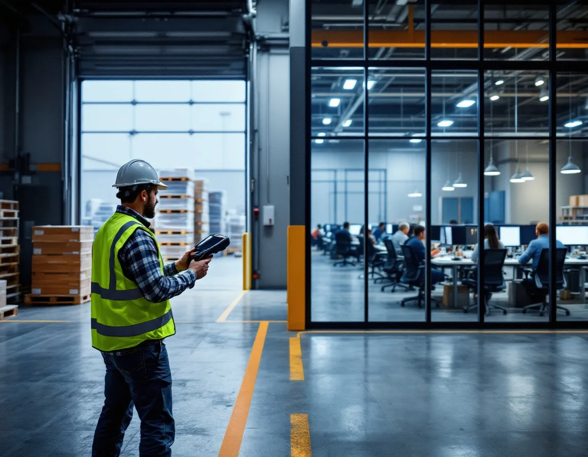 Texas 3PL facility showing a warehouse dock worker with a handheld scanner on one side and an office bullpen of logistics coordinators behind glass on the other