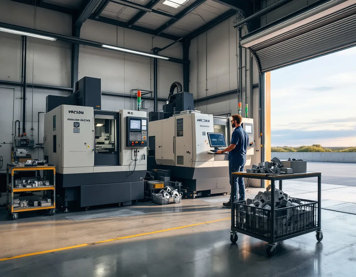 Operator at a shop-floor computer terminal beside CNC milling machines on a small Texas precision aerospace parts manufacturing floor