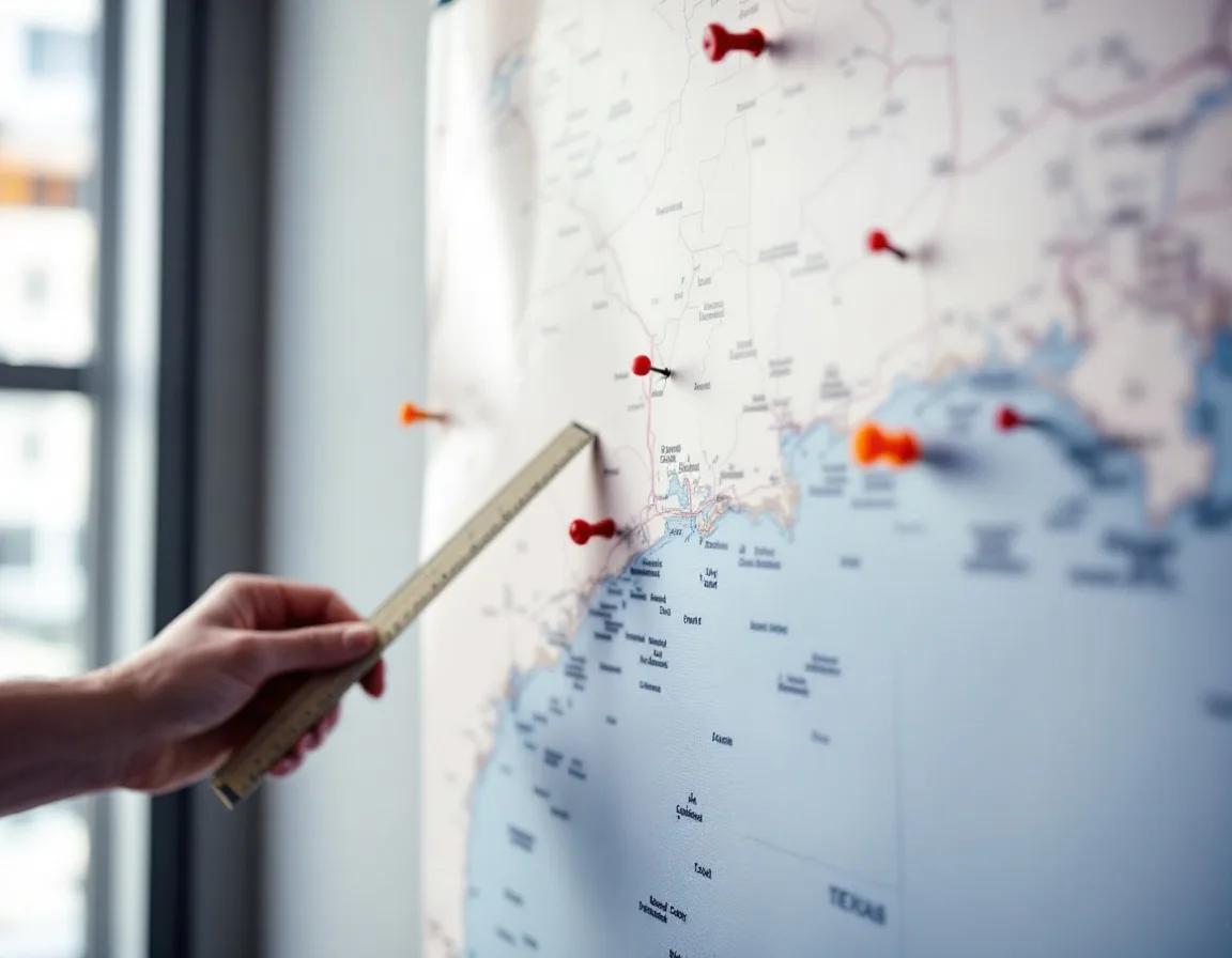 Texas Gulf Coast nautical chart on an office wall with red pins at coastal facilities and a ruler measuring the distance between two of them