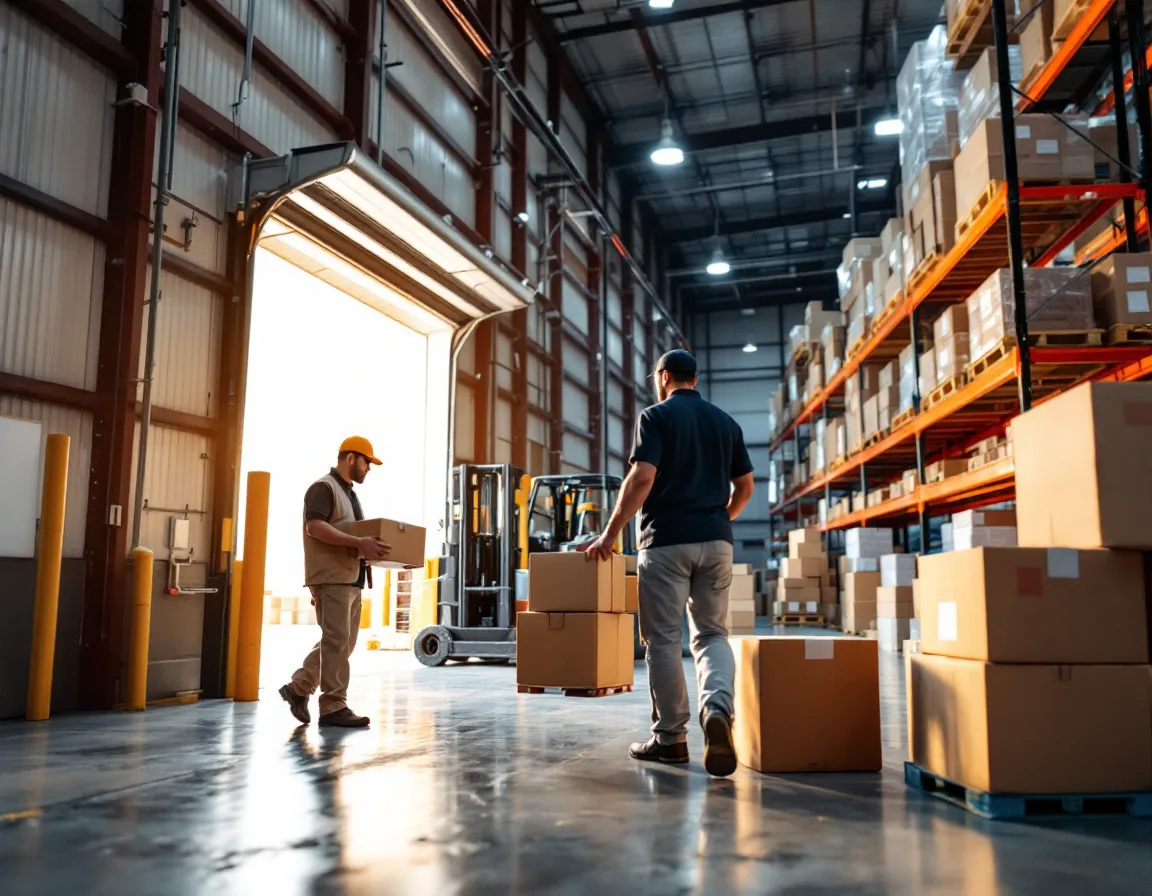 Two warehouse workers moving cartons near a loading dock in a Texas distribution facility, representing the 28 of 50 seats that AI time savings do not reach