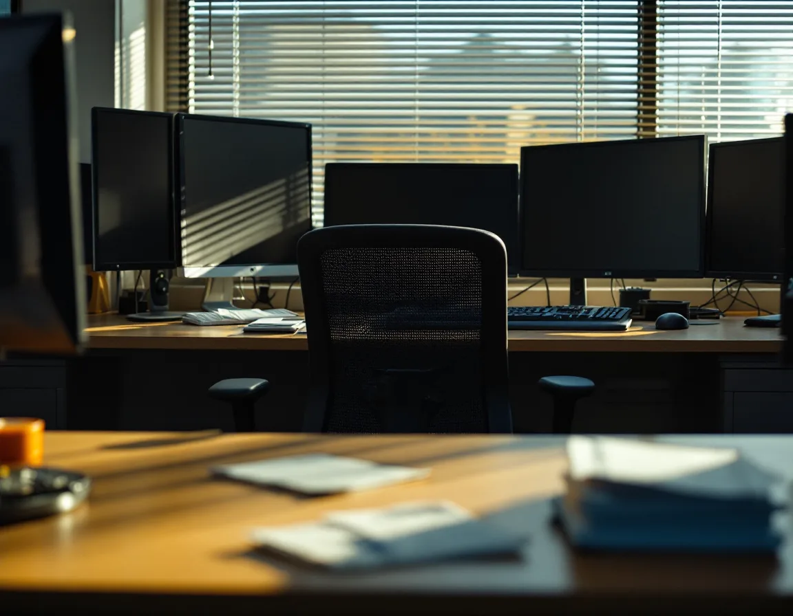Vacant IT desk with dark monitors and a tray of unresolved tickets during a 39 day open requisition in a Texas office