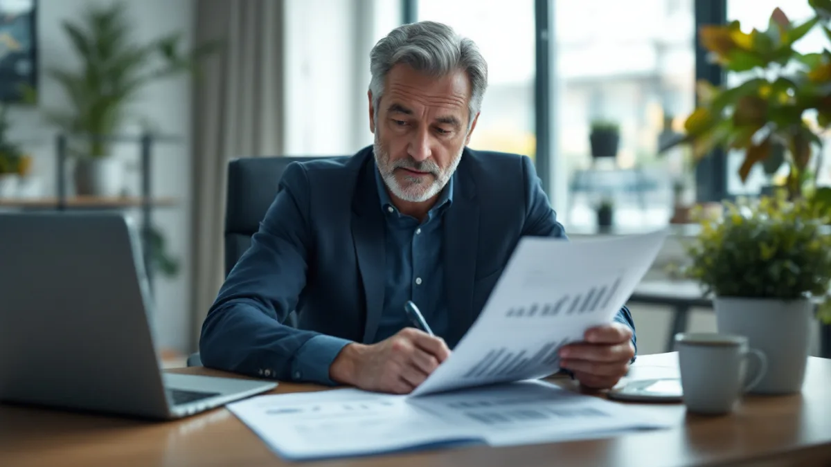 Executive at a desk reviewing a printed IT budget and technology roadmap beside a laptop