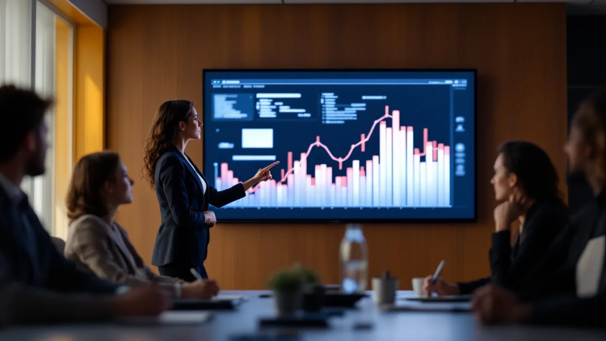 vCIO leading a quarterly business review for a small leadership team beside a wall display of charts
