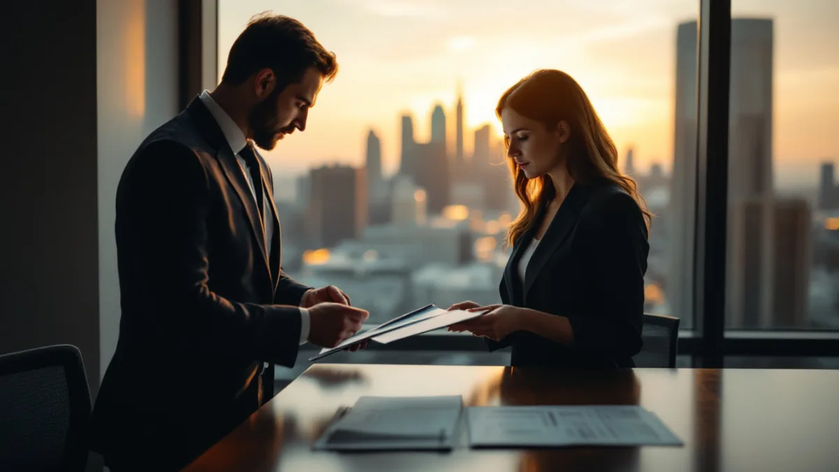 Two business leaders standing at a high rise window reviewing a compliance document with a Texas skyline behind them