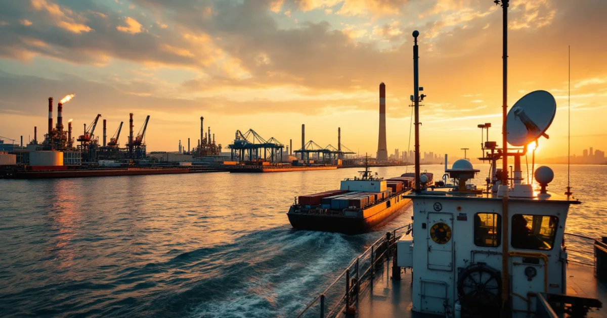 Towboat pushing a loaded barge tow on the Houston Ship Channel at dusk with a satellite internet dish mounted on the wheelhouse roof