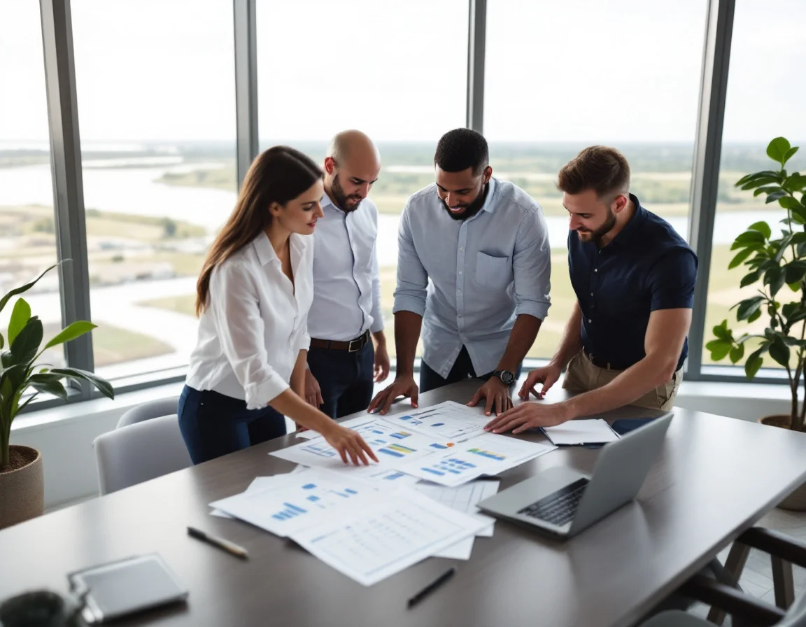 Three colleagues standing around a table in a bright Texas office reviewing printed org chart pages and an IT coverage calendar grid