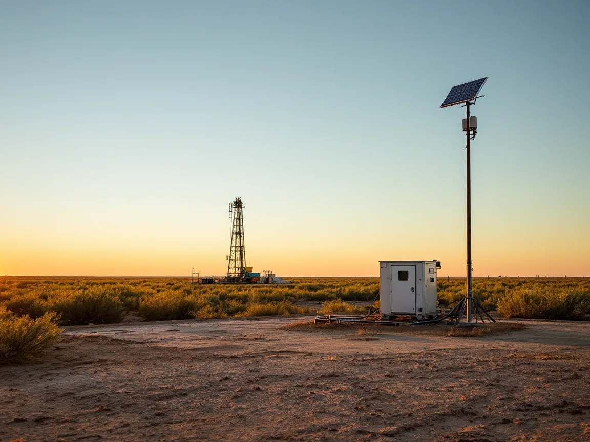 Solar-powered telemetry enclosure with an antenna mast on a West Texas oil lease at sunset, with a drilling rig on the horizon