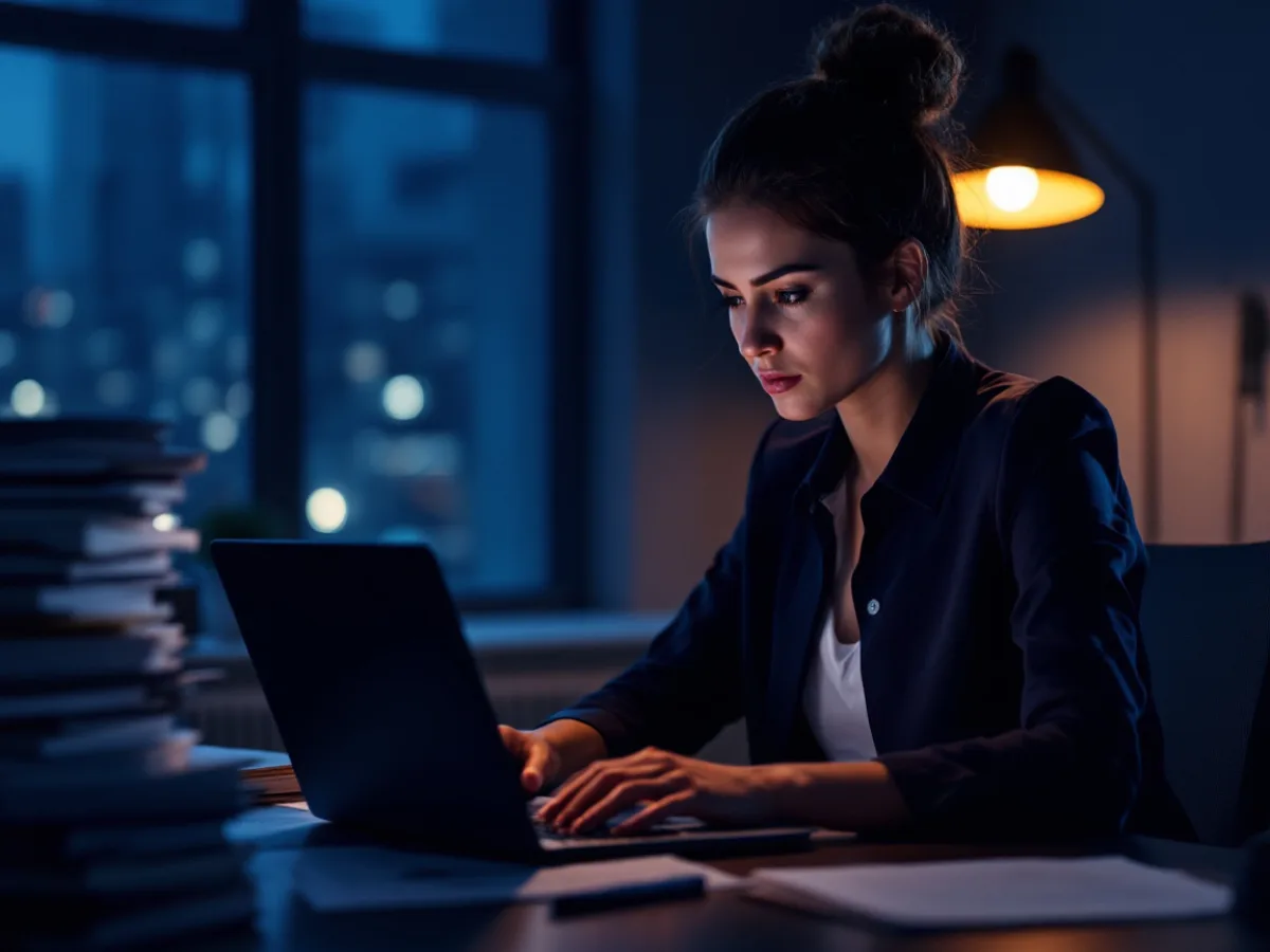 Paralegal working late on a laptop beside a stack of case files before an e-filing deadline